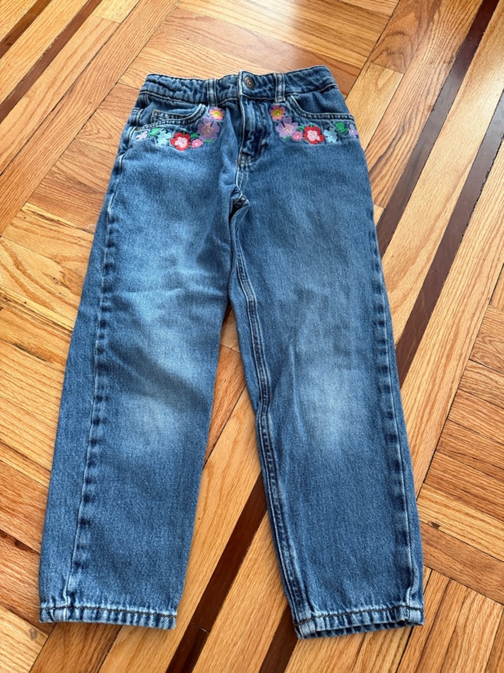 Mini Boden Girls' Blue Denim Jeans with Floral Embroidery size 7-8